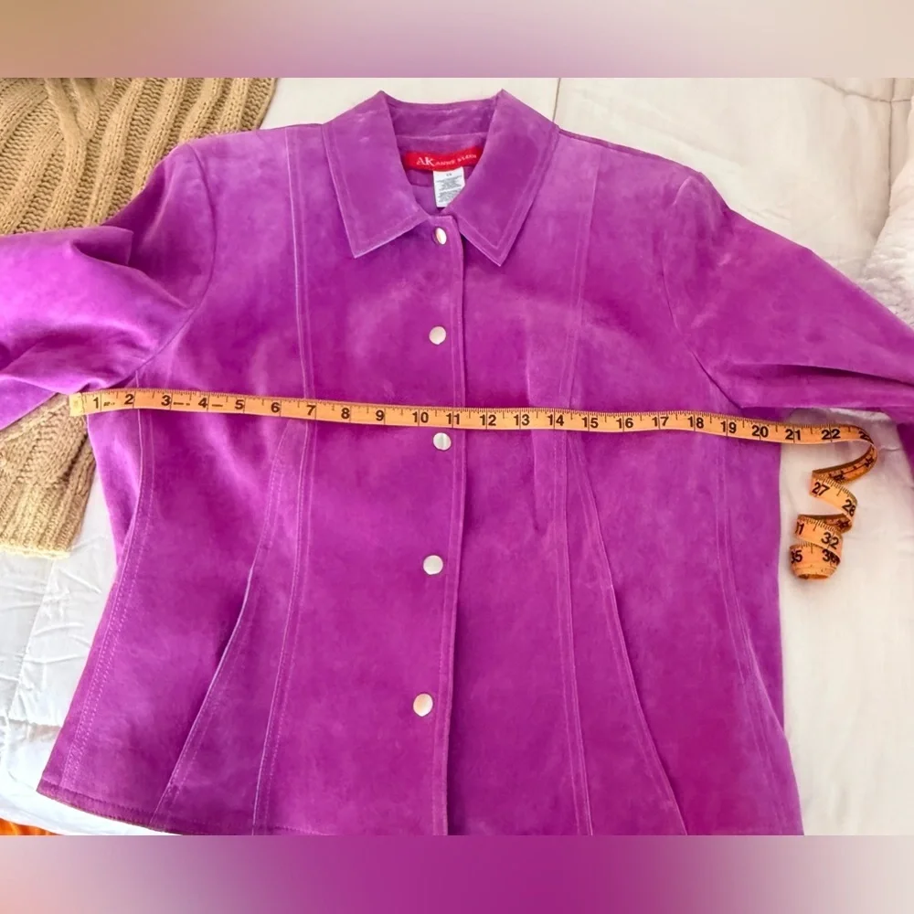 Vintage Anne Klein pink purple suede moto jacket snap close collar pockets 14 EC - Picture 10 of 10
